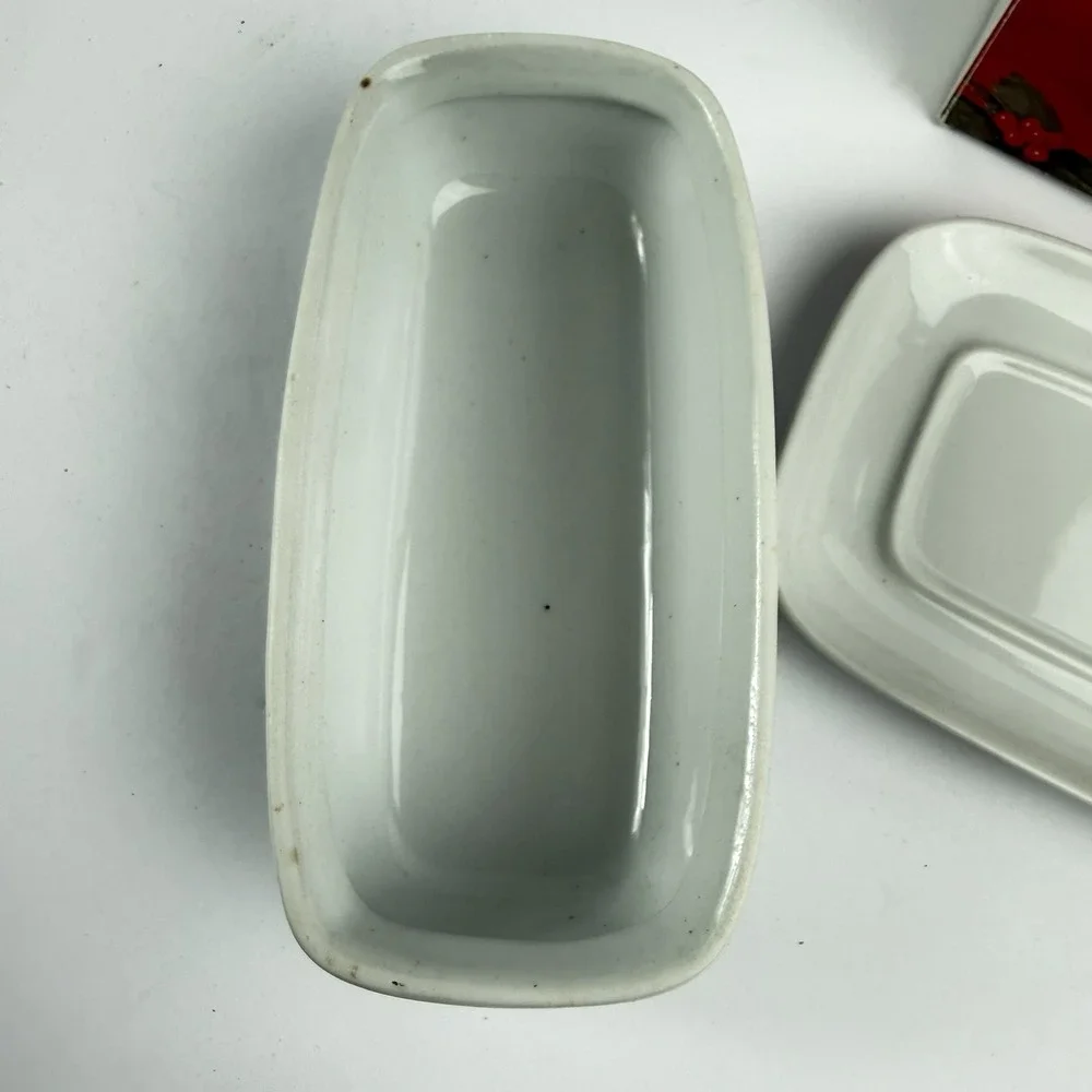 Christmas Holly Butter Dish Porcelain White Holiday Table Decor Green Red 1991